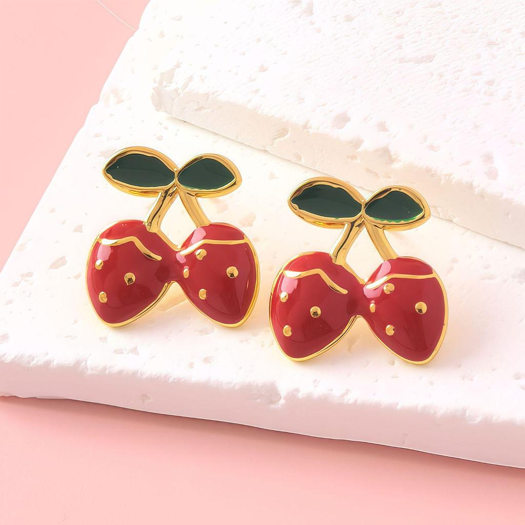 Sweet Fruit Drip Oil Strawberry Cherry Stainless Steel Stud Earrings Fashion Jewelry