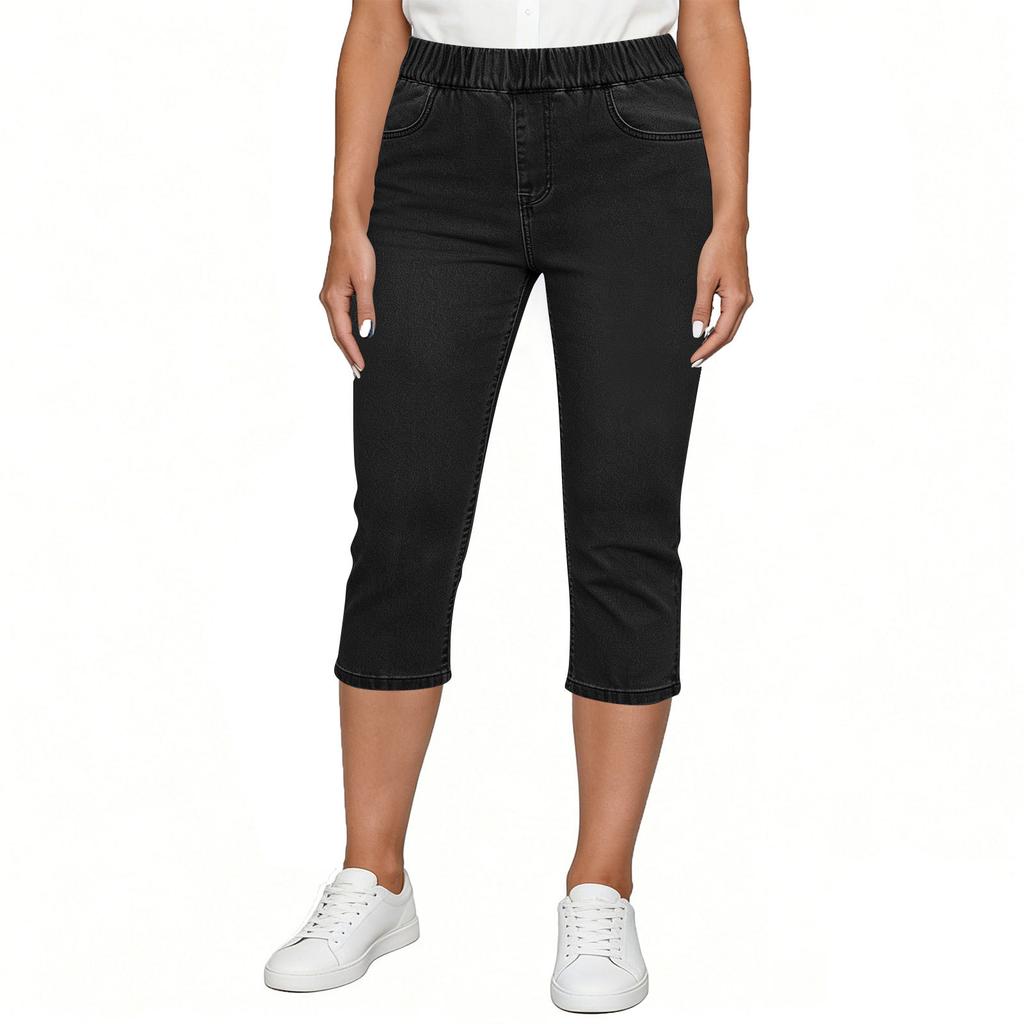 Women’s Stretch Denim Capri Pants Elastic Waistband Pull On Style with Functional Pockets for Everyday Wear