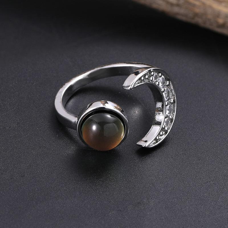Huajie Moon Opening Warm Gradient Color Stone Rings for Women Elegant Retro Party Charms Ring Fashion