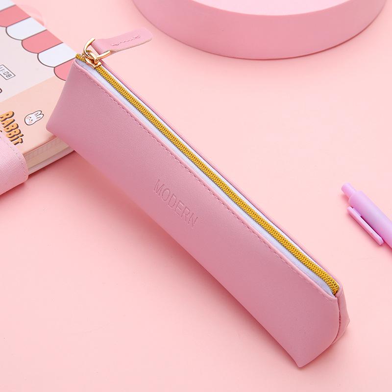 PU Leather Solid Color Pencil Case - School Supplies Stationery Bag