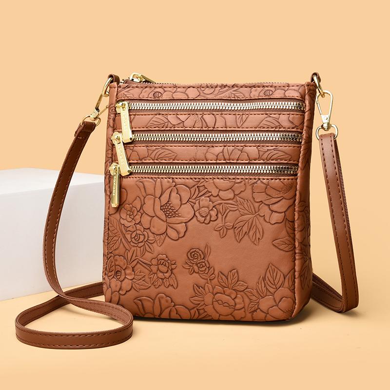 Stylish Embossed Floral Crossbody Bag for Women – Multi-Zipper Mini Shoulder Bag with Elegant Design