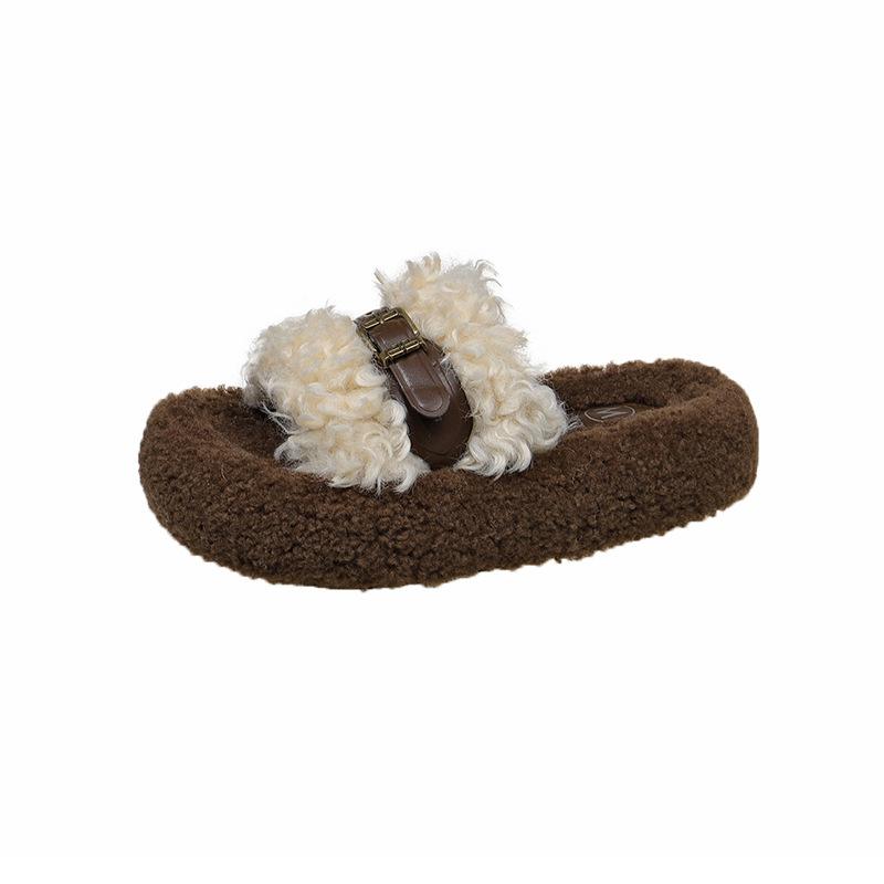 Retro Plush Design Fluffy Slippers Women's Outer Wear 2025 New Autumn and Winter Thick Bottom Heightening Belt Buckle Cotton Mop