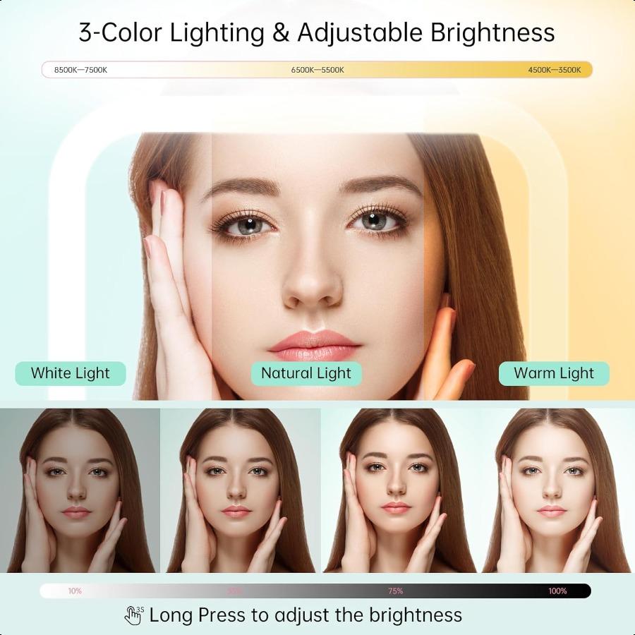 10X Magnification Rechargeable Travel Makeup Mirror 7 Lighted Portable Vanity Mirror with 3 Colors Lighting Stepl Dimming Doubl