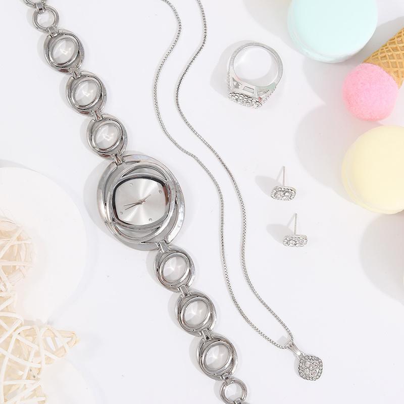5PCS Fashion Luxury Silver Dial Flowing Rhinestone Quartz Watch Women's Square Pendant Necklace Earring Set for Girls