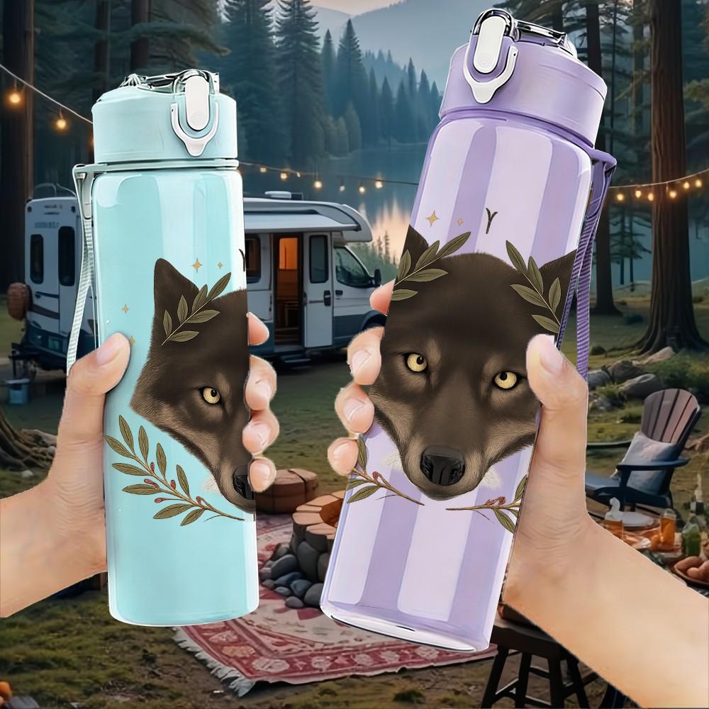 1PC Dark Wolf Head Wreath 750ml Color Plastic Sports Water Bottle Leakproof Flip Straw Lid Suitable for Sports Office Home Use