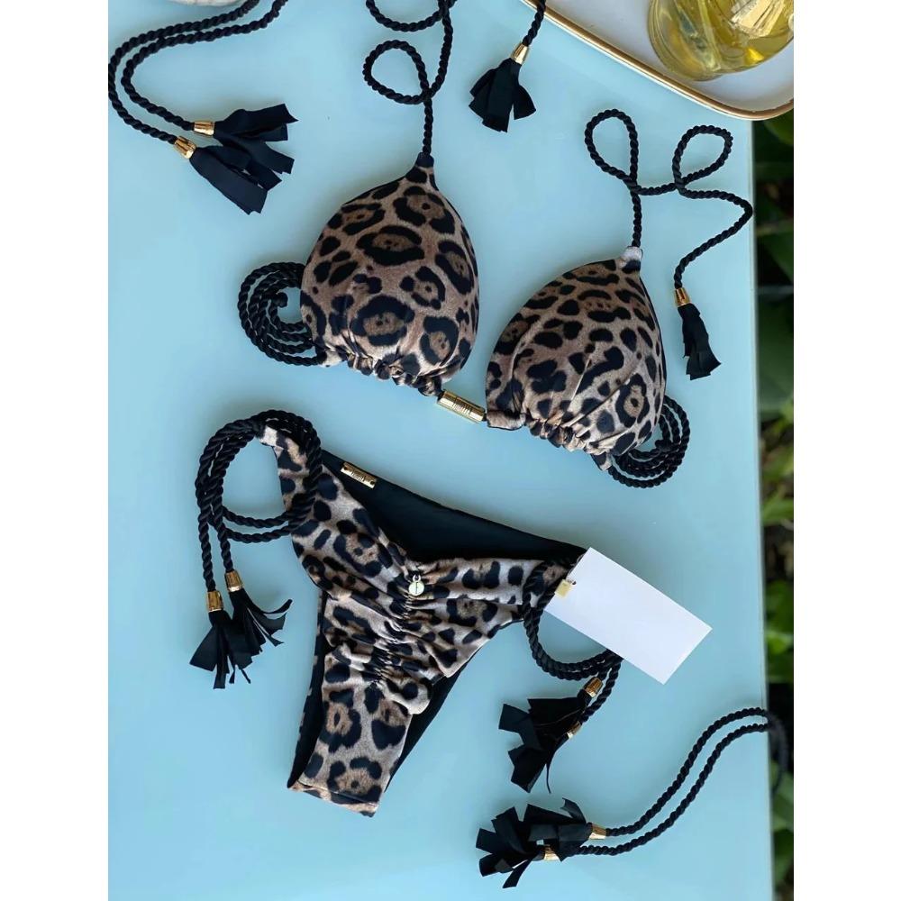 Seksowny Kostium Kąpielowy Bikini z Panterką i Wiązaniami Zestaw Trójkątny Kostium Kąpielowy Kostium Kąpielowy Push-Up Zestaw Bikini z Wiązaniami na Plaży Letni Strój Plażowy Kostium Kąpielowy Stringi