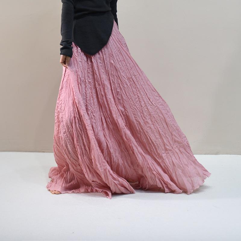 Women's Linen Maxi Skirts Summer Boho Solid Beach Elastic High Waist Pleated A-Line Flowy Swing Long Maxi Skirts Elastic Waist Long Skirt for Women