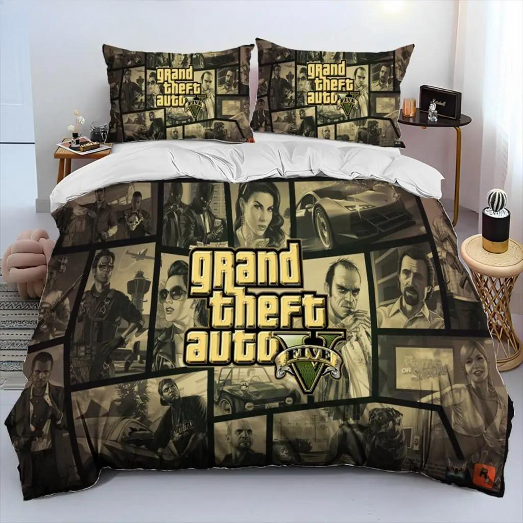 Ensemble de housse de couette pour adolescents Jeu GTA V Ensemble de literie 2/3 pièces Pour garçons filles Décoration de chambre d'adulte Taille Simple Twin Full 100x135cm (2pcs) gray