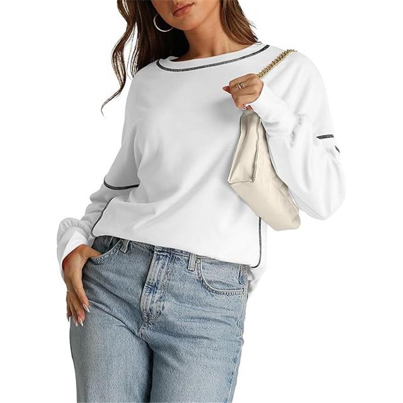 Europäischer und amerikanischer Stil Damen Lässiger lockerer Pullover Neuer lockerer Rundhals Farbblock Langarm-Oberteil