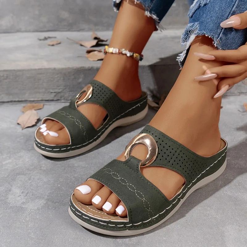Fashion Women's Slip on Platform Wedge Open-Toe Sandals Retro Metal Buckle 2025 Summer Beach Casual Slippers Comfortable Ladies Shoes