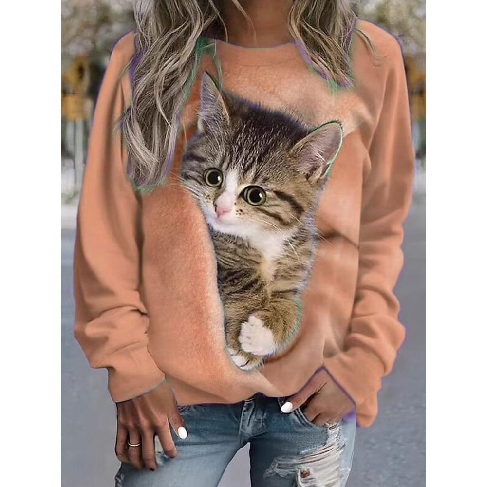 

Fashionable women s cute cat pattern sports shirt 3D printed round neck long sleeved top women s clothing street wear autumn pullover 5XL
