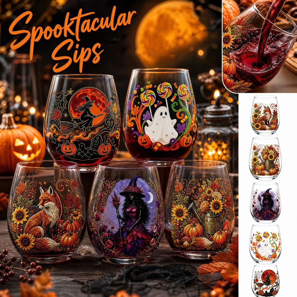Bicchiere da vino senza stelo con stampa di zucche e caramelle di Halloween per feste festive e regali