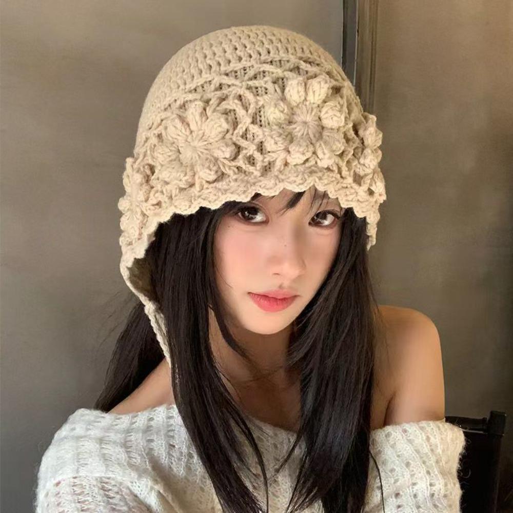 Fashion Hollowed-out Flower Bonnet Hat Hand Woven Long Tassel Knitted Ear Protection Hat Windproof Pullover Hat