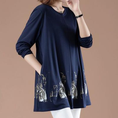 Middle Aged Spring Autumn Plus Size Medium Long Loose Women's T-shirt Belly Covering Base Shirt Women's Outerwear Top T-Shirts Women’s