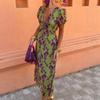 Spot summer European and American women's clothing fashion contrasting color printed long dress elegant slim V-neck short sleeves, even