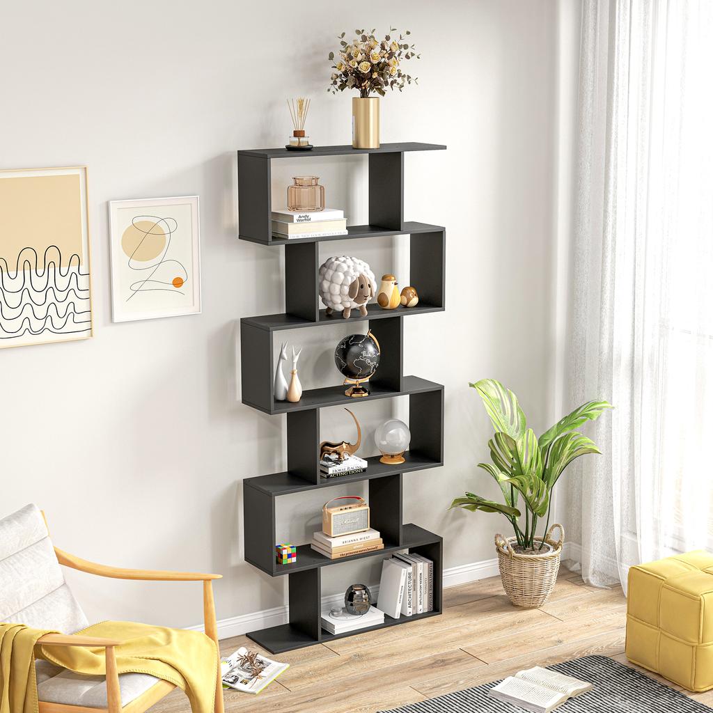 Zigzag Bookcase Shelf Contemporary Design 80L x 23W x 192H cm 6 Levels Black