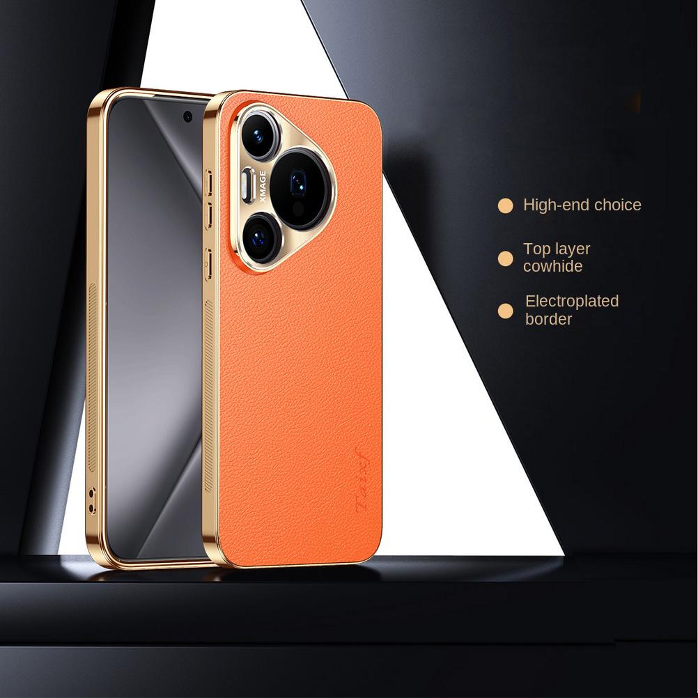 

First Layer of Cowhide Lychee Texture Electroplated Frame Case For Huawei Pura 80 Ultra 70 Pro P60 P50 Mate 70 Pro + 60 50 Cover For Mate 50