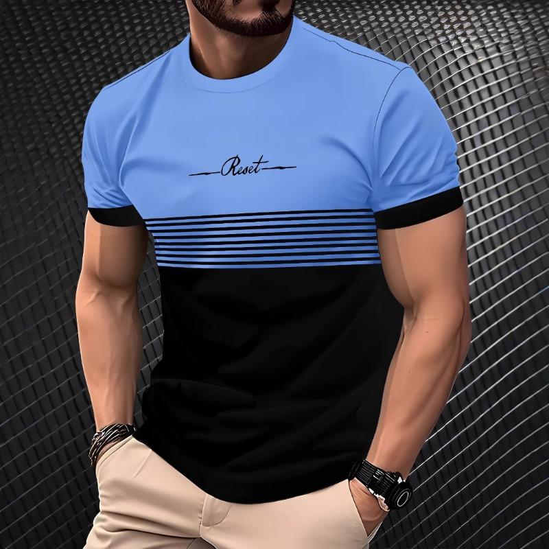Printed Summer Men's Casual Versatile Trendy Fashion Color Blocked Short Sleeved Round Neck T-shirt