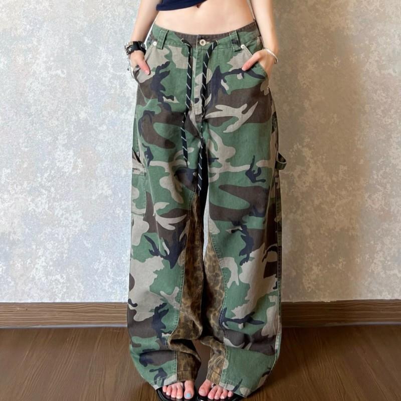 Mens Relaxed Fit Camo Washed Denim Jeans Straight Leg Casual Pants Fall