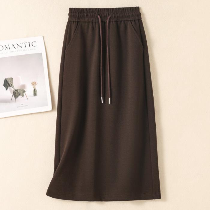 Women's Autumn/Winter Fleece-Lined or Regular Midi Skirt Sweatshirt Dress, Plus Size, Elastic Waist with Drawstring
