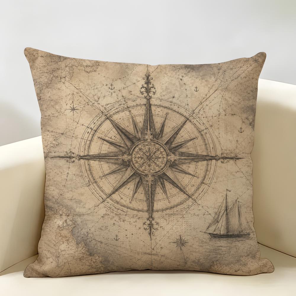 Gray-brown Sailing Anchor Shape Cushion Cover Natural Linen Organic Fabric Double-Sided Printing Breathable For Home Decor