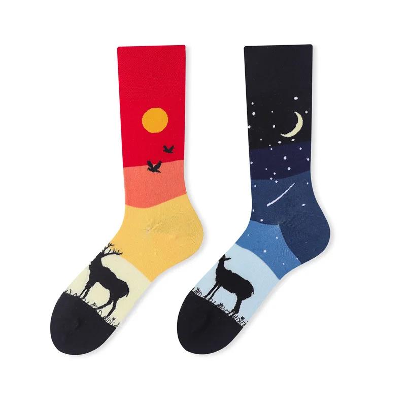 New Creative Couple AB Asymmetric Trendy Socks Fashionable Personalized Trendy Cartoon Jacquard Long Tube Cotton Socks