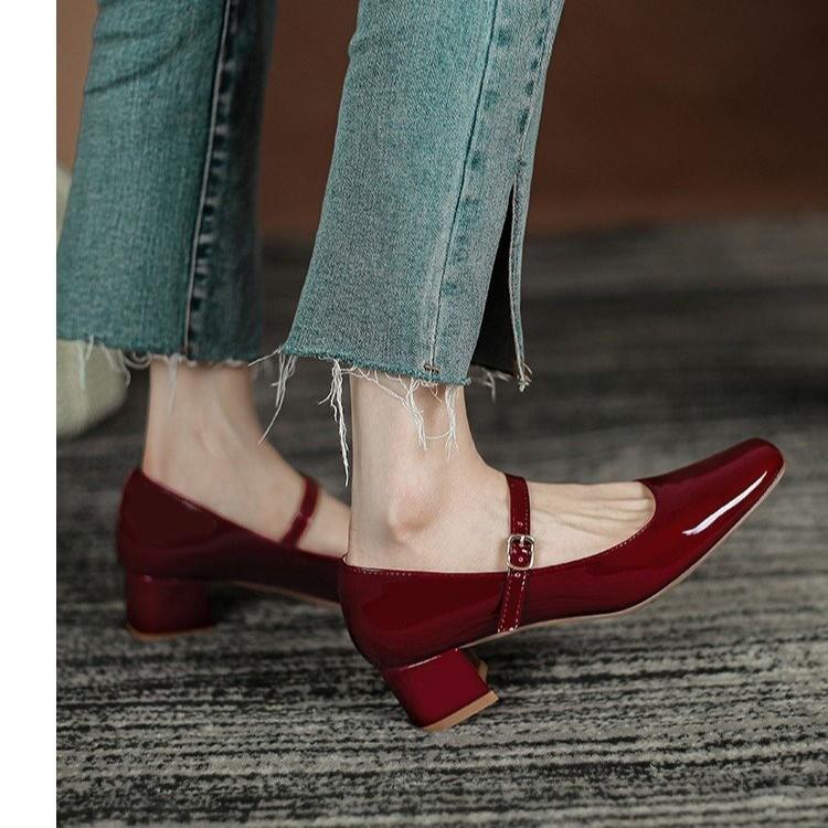 New Plus Size 41 Women Mary Jane Shoes Square Toe Pumps Patent Leather Dress Shoes Office Ladies Shoes Mid Heels Wine Red Shoes