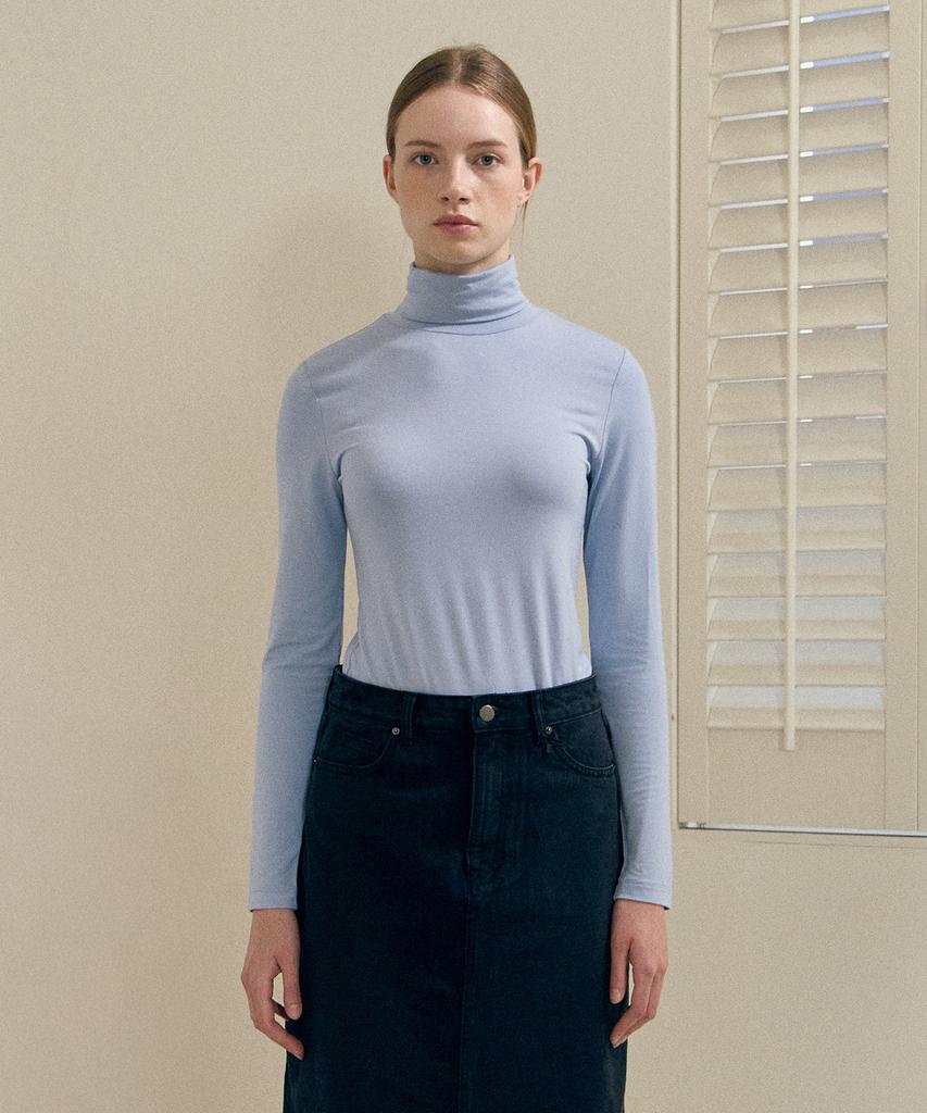 BASIC HOUSE Women'S Stretch Turtleneck Long Sleeve T-Shirt Blue Lats0218