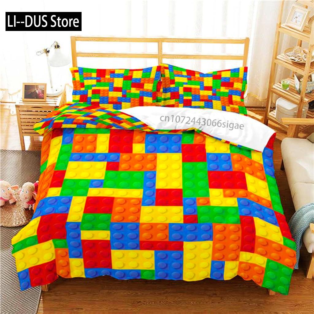 Toy Print Duvet Cover Set Square Gradient Blocks Bedding Set For Kids Teen Colorful Bricks Game Queen Microfiber Comforter Cover