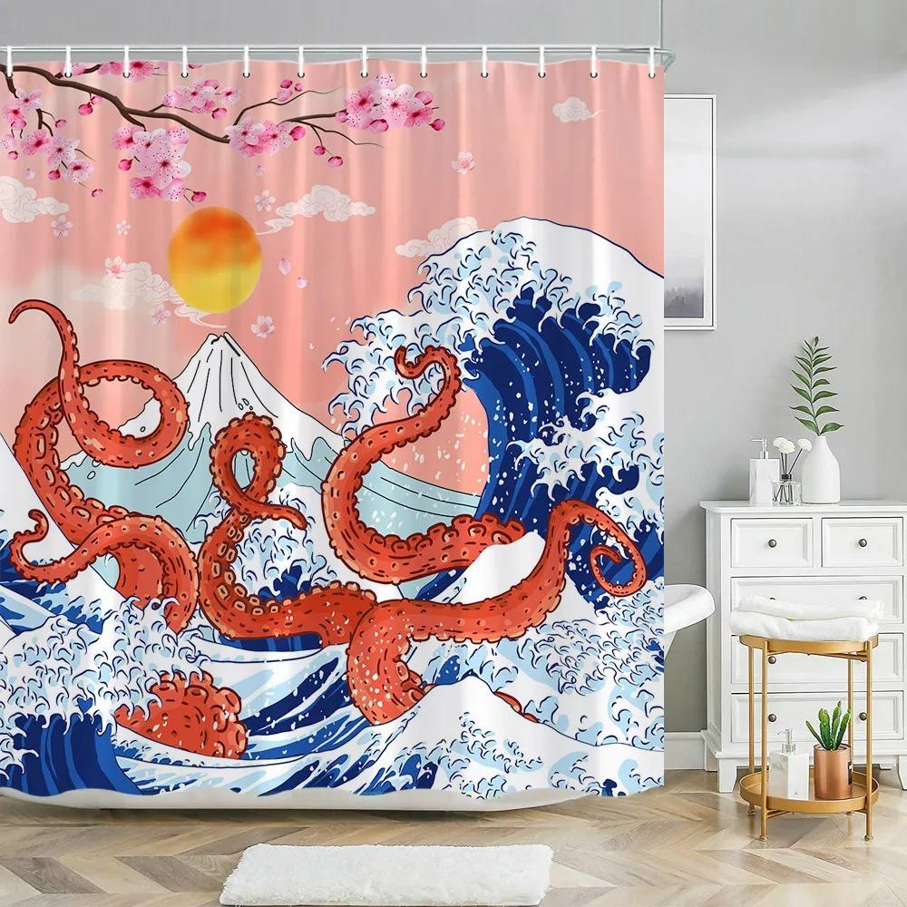 Chinese Landscape Landscape painting Shower Curtain Ink Painting Landscape Polyester Fabric Washable Bath Curtain Bathroom Decor