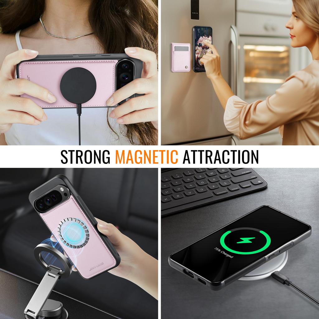 For Google Pixel 10 Pro XL Leather Back Cover JEEHOOD J06 Magnetic Phone Case with Card Bag RFID Blocking