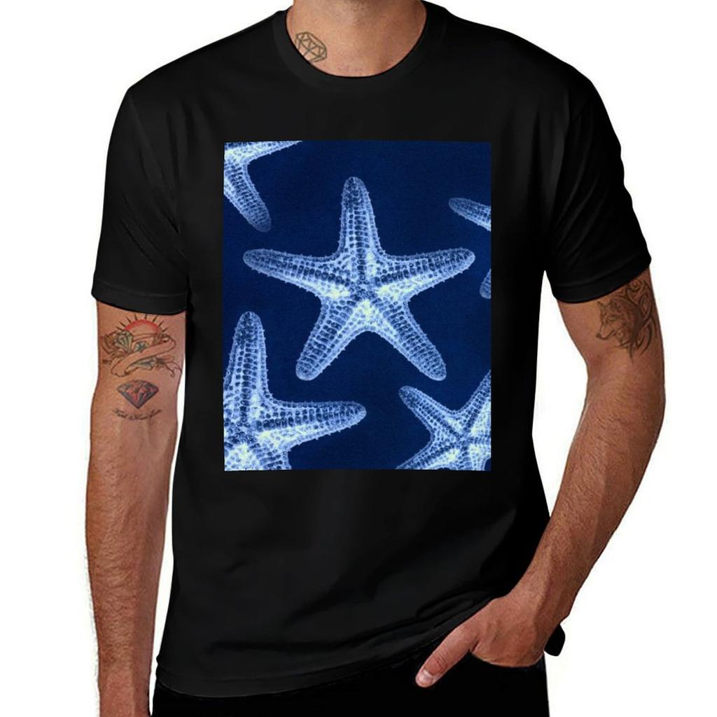 Rustic Coastal Chic Nautical Navy Blue Beach Starfish T-Shirt Basic Solid Color Casual Tee Shir