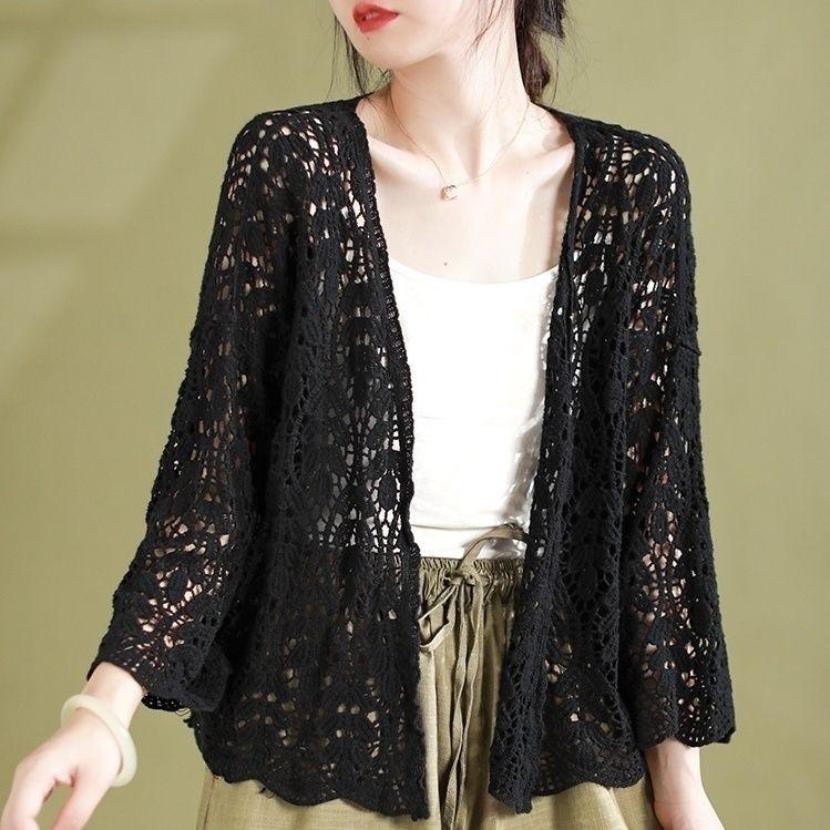 Damen Strickjacke mit Cut-outs Baumwolle Locker Sommer Sonnenschutz Spitze Offen vorne Bluse