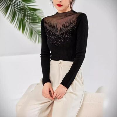 Women's Silk Wool Knitted Long Sleeve Top - Winter 2025, Diamond Accents, Half Turtleneck, Slim Fit Sweater