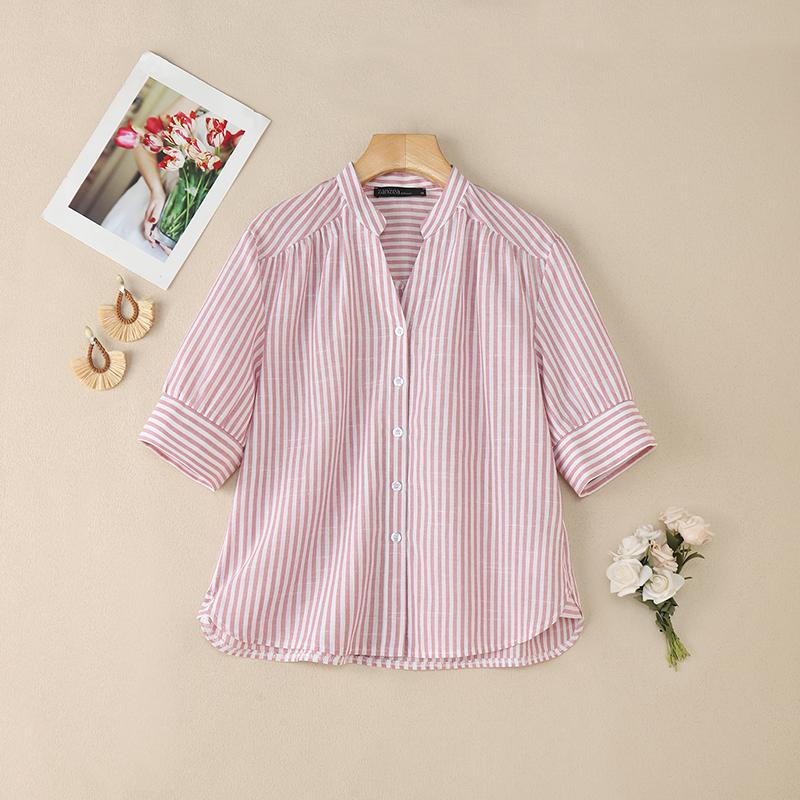 ZANZEA Women Casual V-Neck Half Sleeve Loose Stripe Blouse