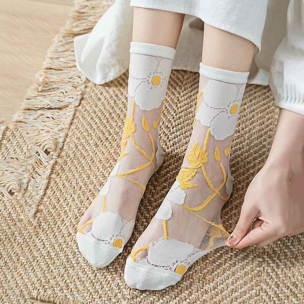 Korean Embroidery Crystal Silk Socks Middle Tube Socks Floral Hosiery Women's Socks Flower Socks
