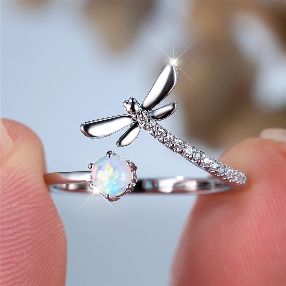 

Charm Female White Fire Opal Round Stone Adjustable Open Ring Silver Color Cute Gift Wedding For Women resizable