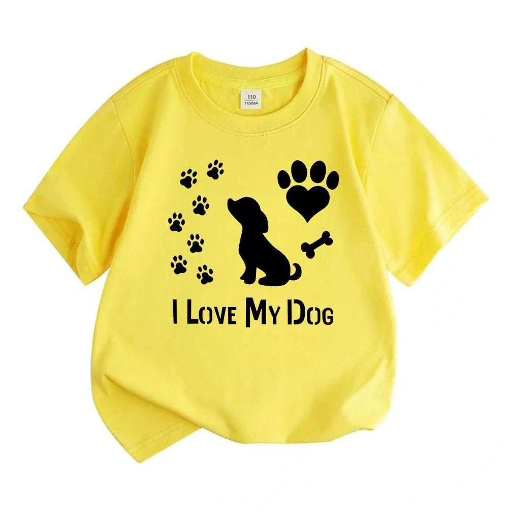 Kids Boys Girls 100% Cotton Crew Neck Short Sleeve T-Shirt, I Love My Dog Paw Print Heart Bone Pattern Casual Soft Tee for Children Daily Wear Puppy L