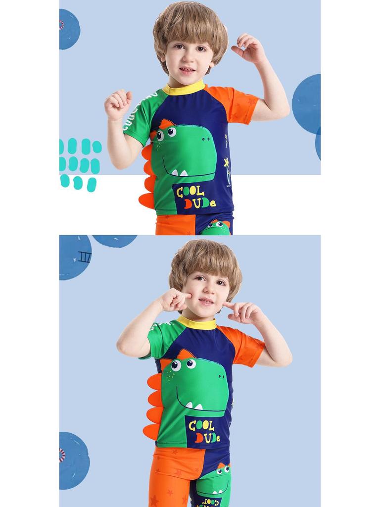 Boys' 2025 Dinosaur Print Swimsuit Set - Short-Sleeve Three-Piece Swimwear