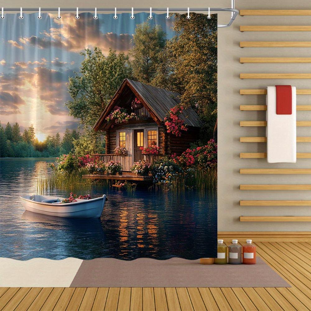 Lakefront Cabin Sunset Waterproof Shower Curtain For Bathroom Decor With Plastic Hooks