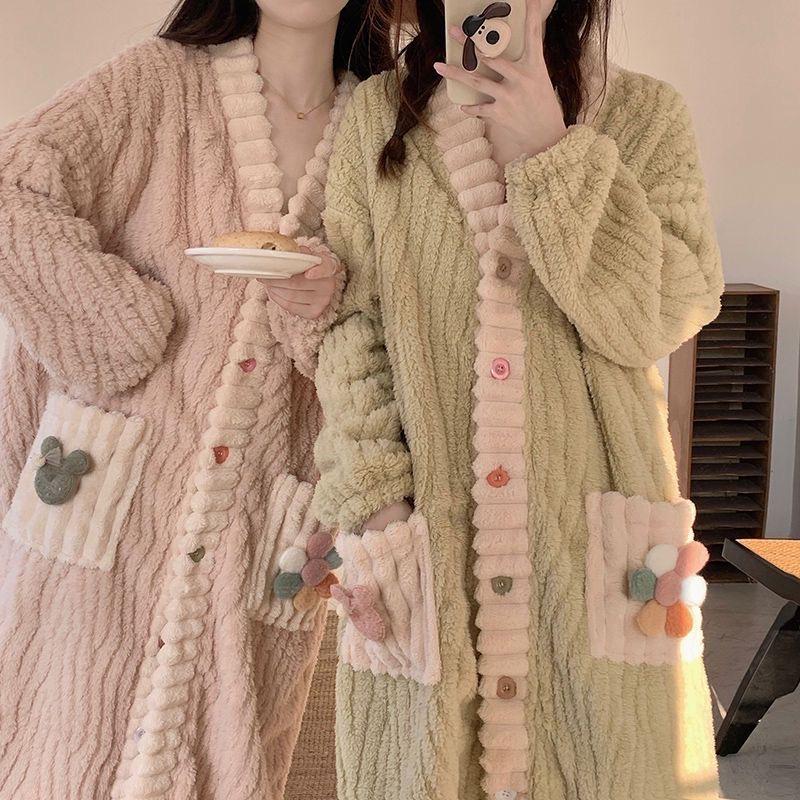 V-Neck Sunflower Nightgown Pajamas for Women - Cozy Autumn/Winter Coral Fleece, Thick, Large Sizes, Versatile Indoor/Outdoor Wear.
