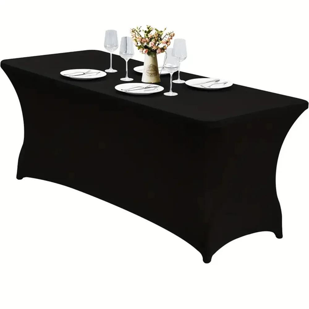1Pc 4/6FT Spandex Table Cloth Black for Rectangle & Folding Table Stretch Fitted Table Cover 8ft Wrinkle Resistant for Party