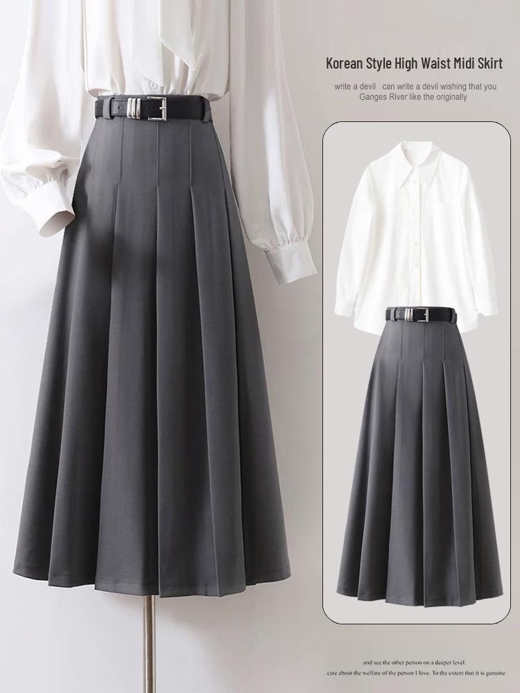 Korean Style 2024 Women's High Waist A-Line Midi Skirt