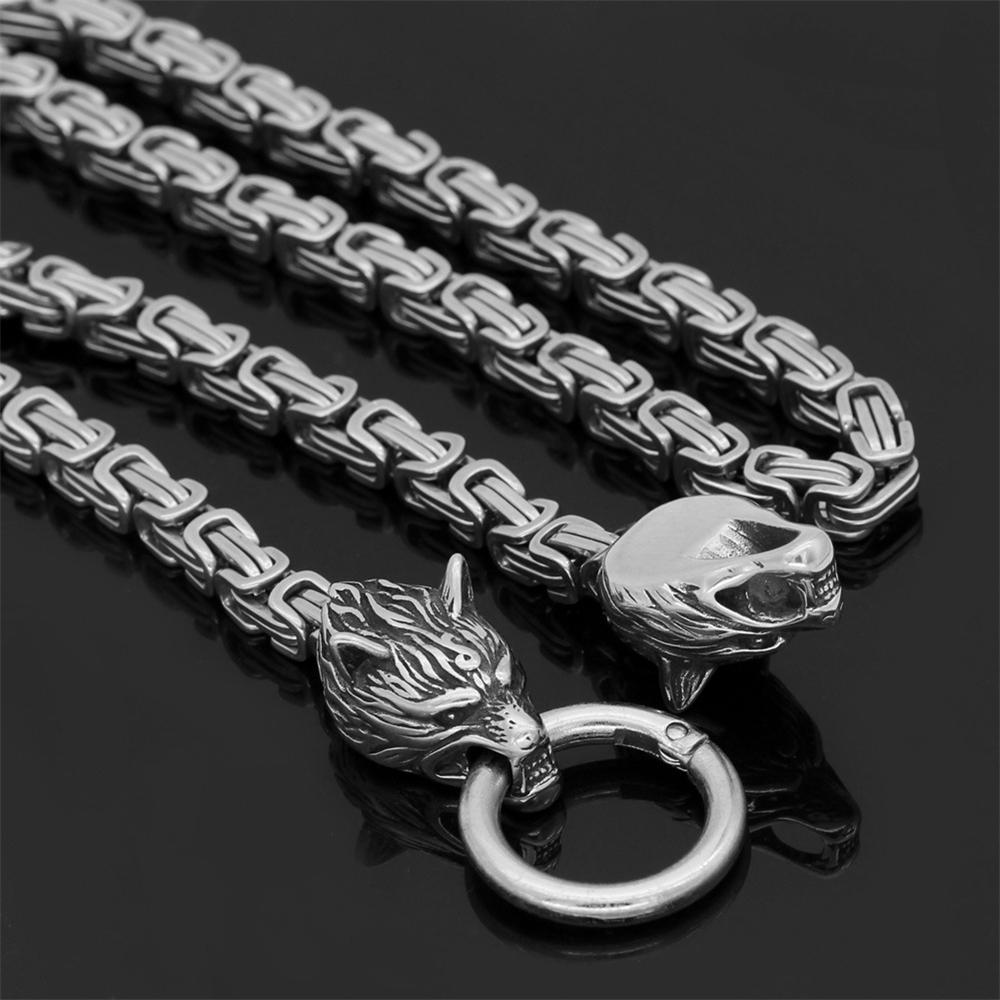 Nordic Wolf Men Necklace Viking Wolf Head Pendant Stainless Steel Norse Amulet Jewelry Scandinavian Rune Accessories 40cm