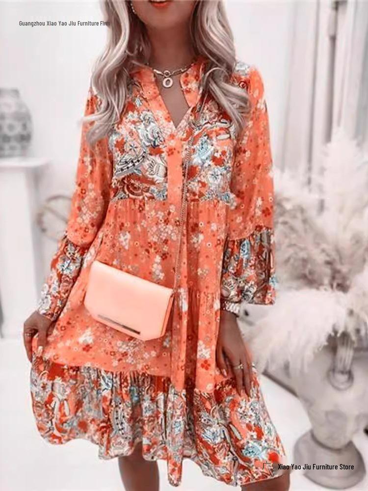 New Summer V-neck Chiffon Pleated Print Dress