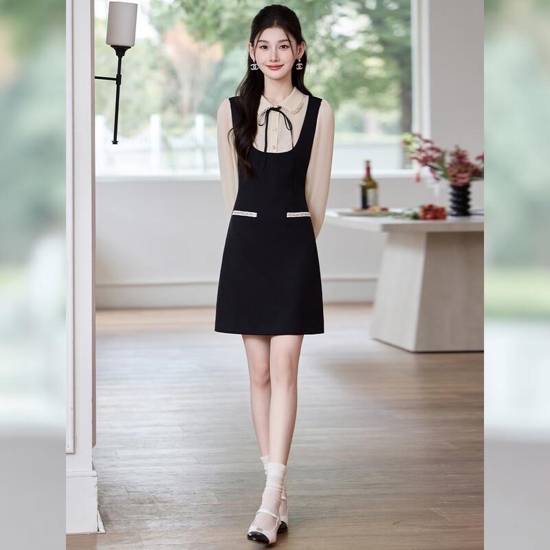 Women's Doll Collar Faux Two-Piece Midi Shirt Dress