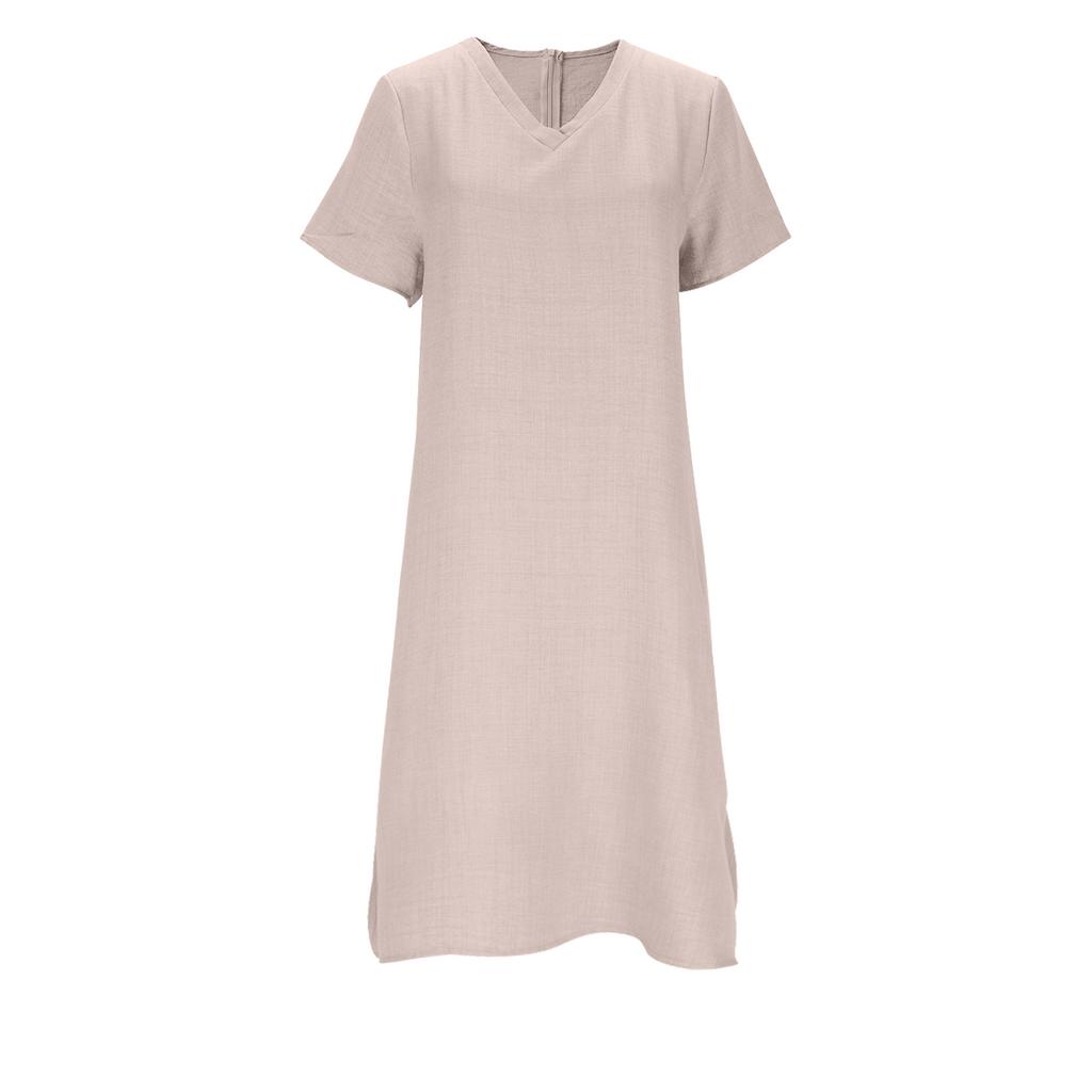 Women’s Fashionable Casual Short-Sleeved V-Neck Plain Dress With Back Zip