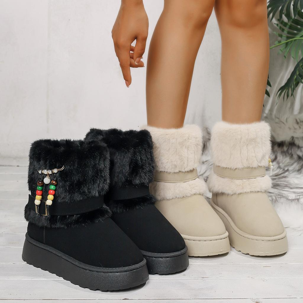 Women's Winter Fur One Plush Lining One Foot Stirrup Warm Cold Lightweight Hiking Waterproof Non-slip Fur Mouth Beaded Snow Boots Cotton Shoes