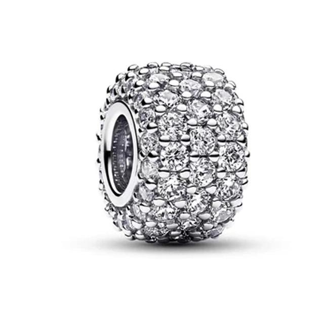 New Copper Sparkling Pavé Round Pink Blue Charm Fit Original Bracelet Charm Beads Women Necklace Fine Jewelry Gift