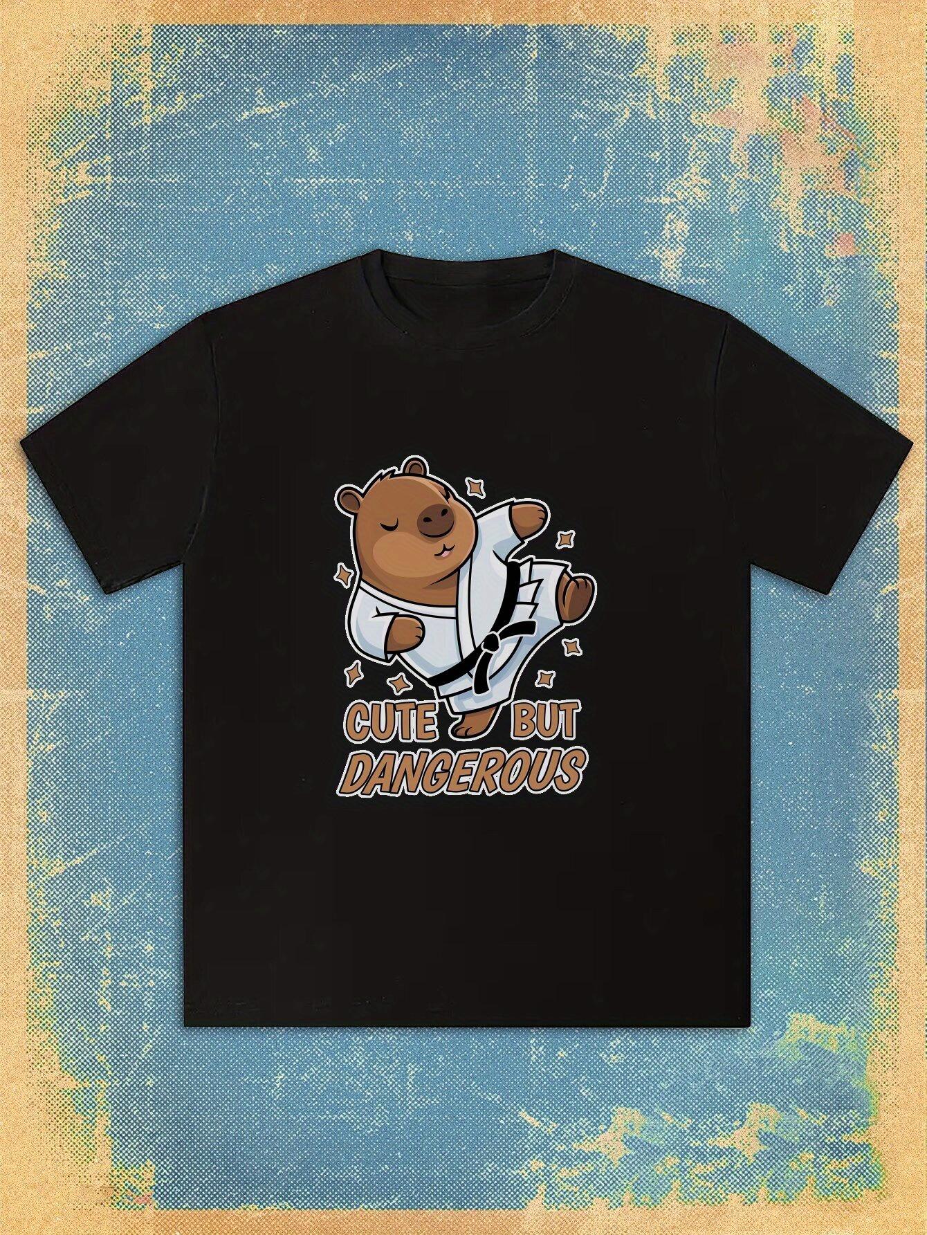 T-shirt Casual Crew Neck with Cute Capybara Martial Arts Design - Cute But Dangerous Text XXXXL